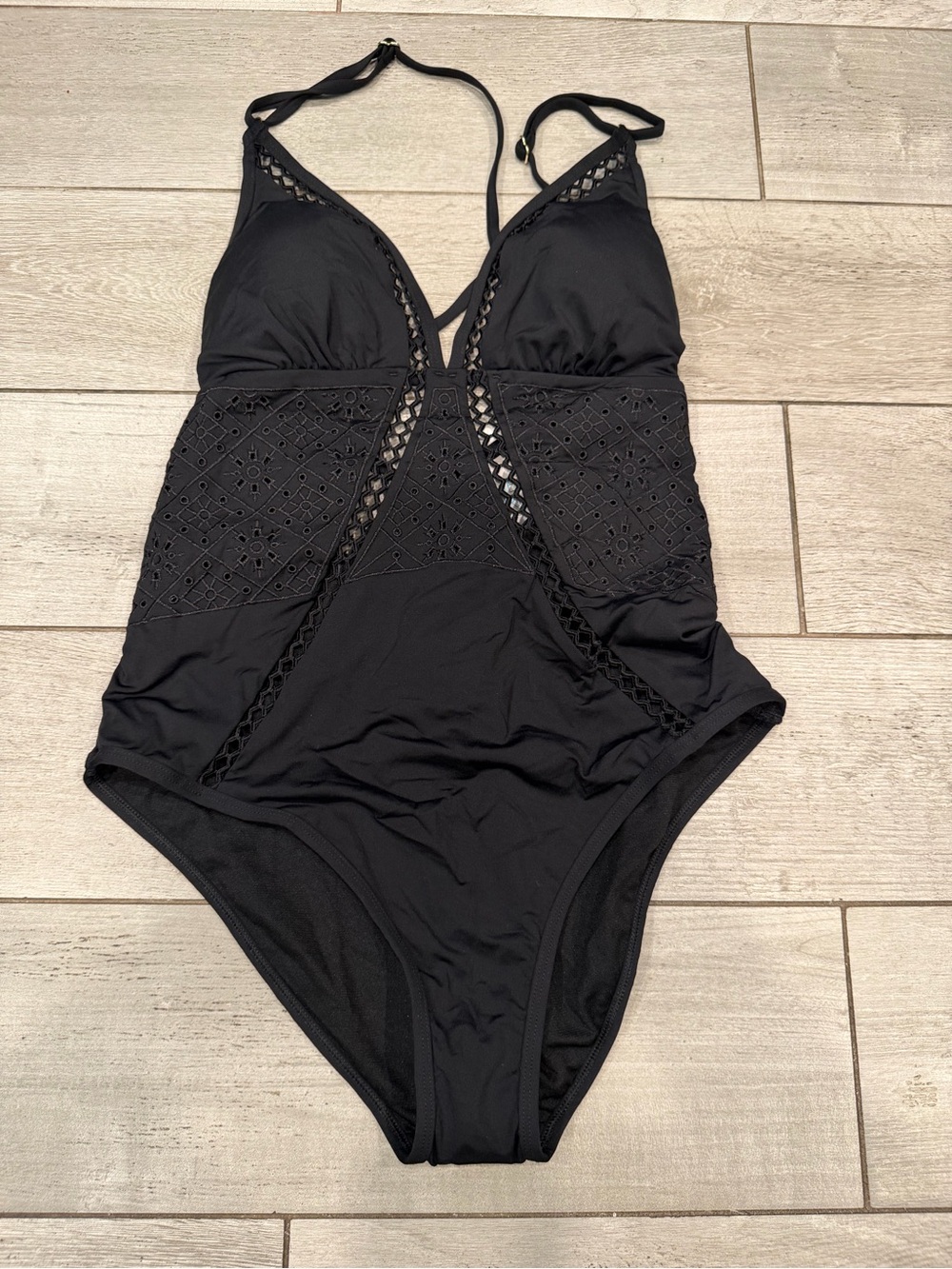 Time and Tru Black Crochet Inset One-Piece Swimsuit